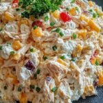 A bowl of creamy chicken salad with fresh parsley and diced celery on a wooden table.