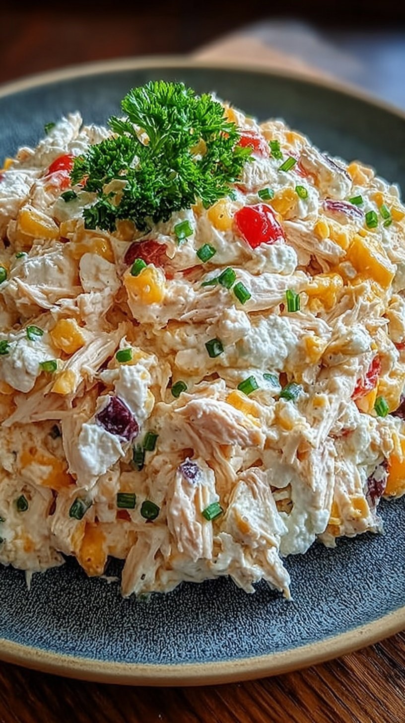 A bowl of creamy chicken salad with fresh parsley and diced celery on a wooden table.