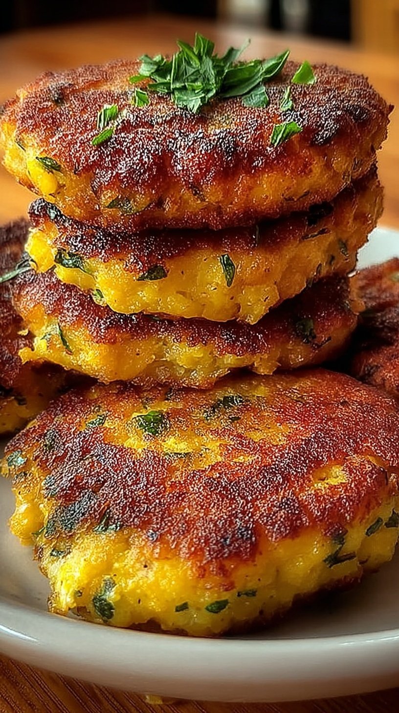 Golden brown chickpea fritters on a plate with fresh parsley and lemon wedges