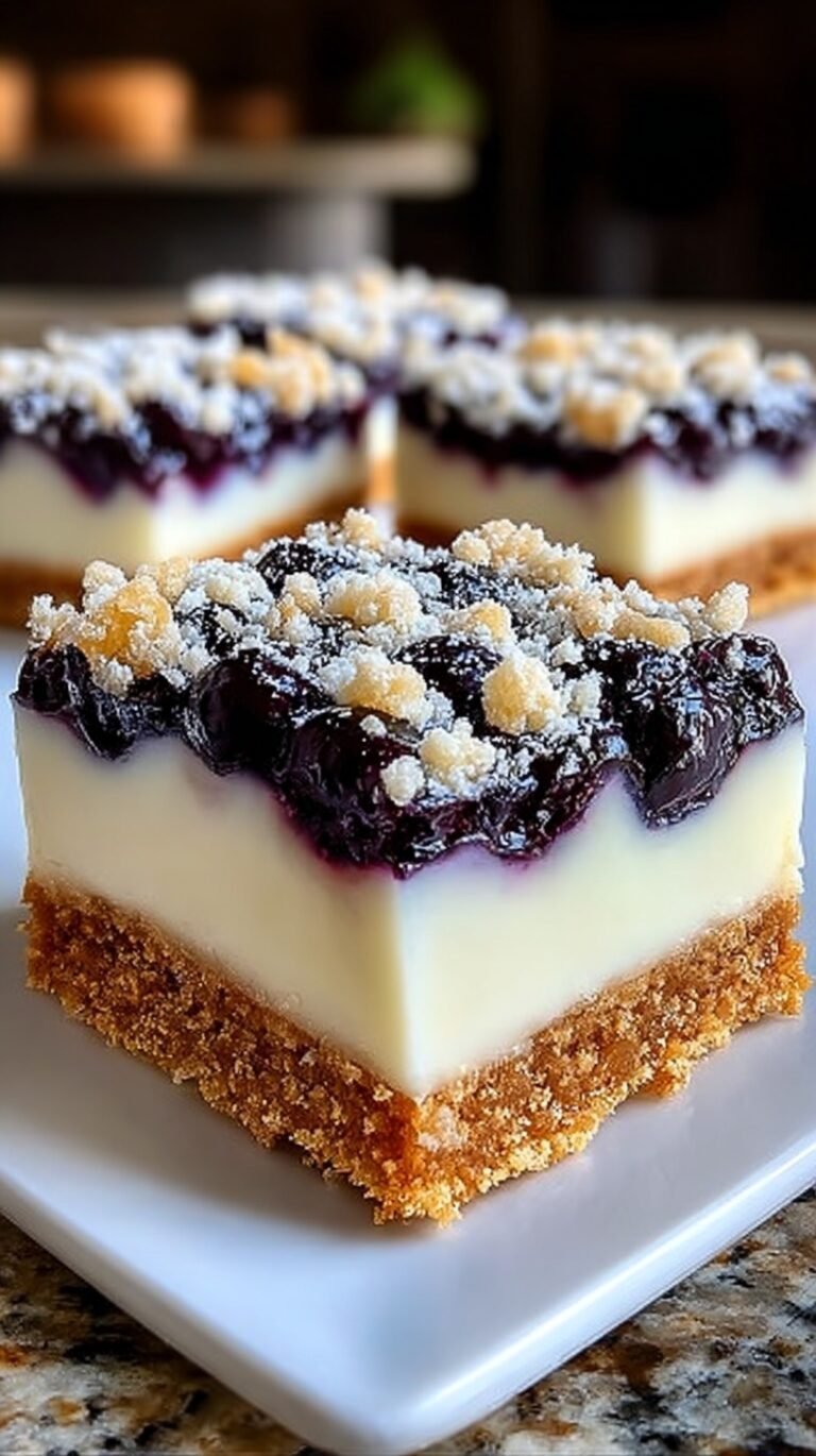 A stack of golden brown blueberry cream cheese bars with fresh berries on top