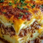 A bubbling Hobo Casserole in a baking dish with melted cheddar cheese and sliced potatoes.