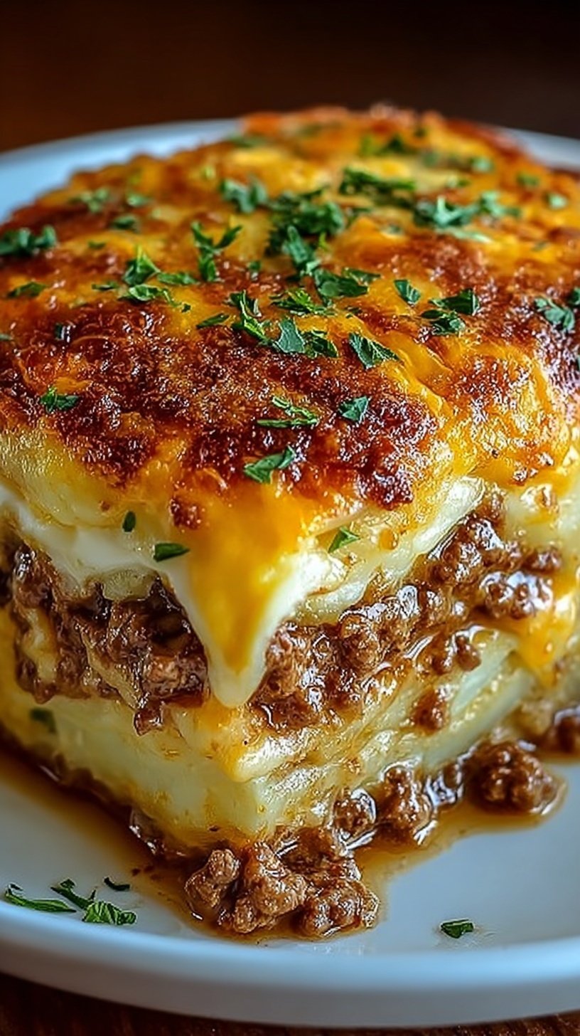 A bubbling Hobo Casserole in a baking dish with melted cheddar cheese and sliced potatoes.
