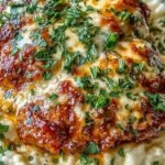 A white bowl filled with roasted chicken pieces coated in a creamy red sauce and topped with melted bubbly mozzarella cheese.