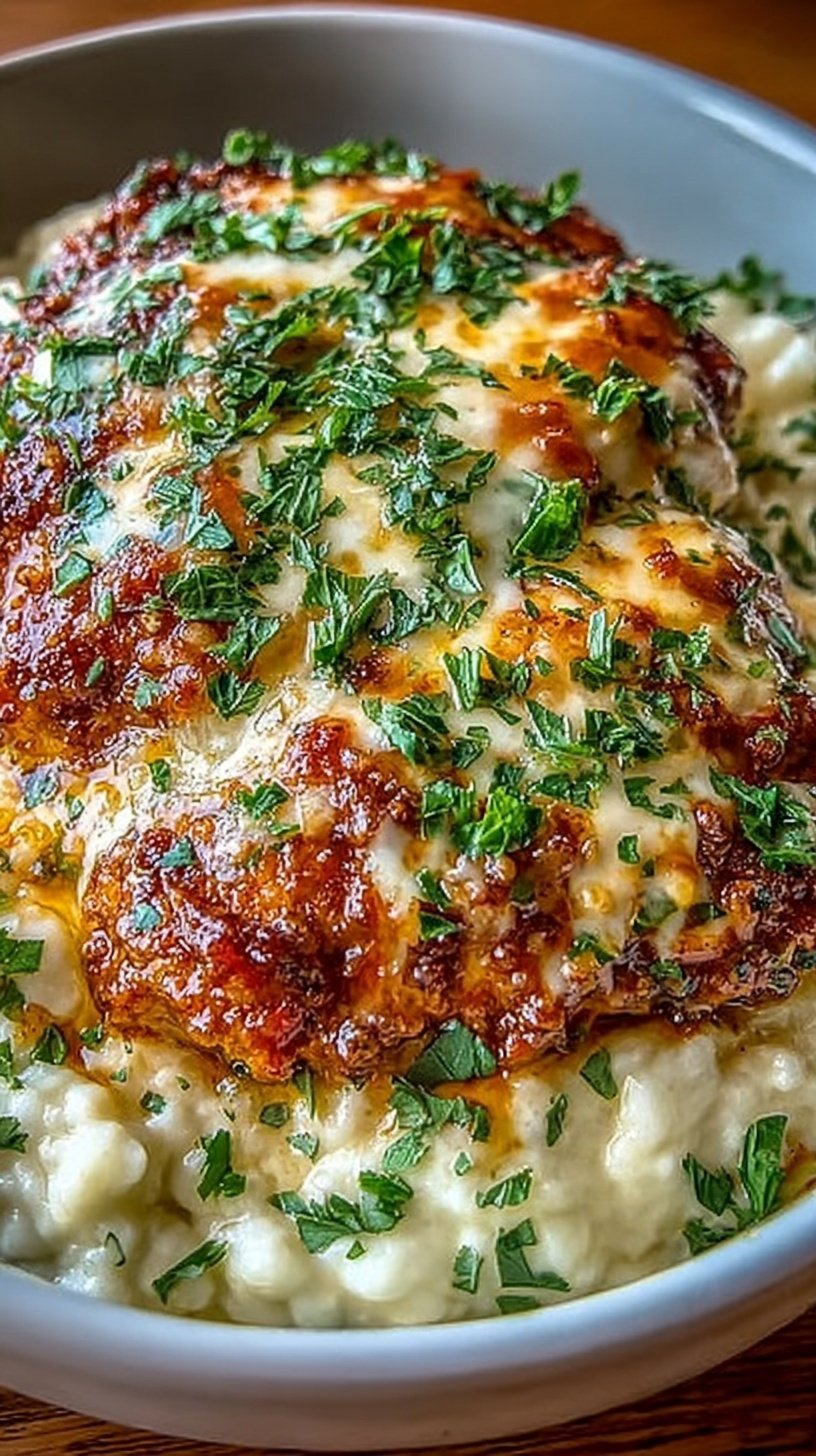 A white bowl filled with roasted chicken pieces coated in a creamy red sauce and topped with melted bubbly mozzarella cheese.