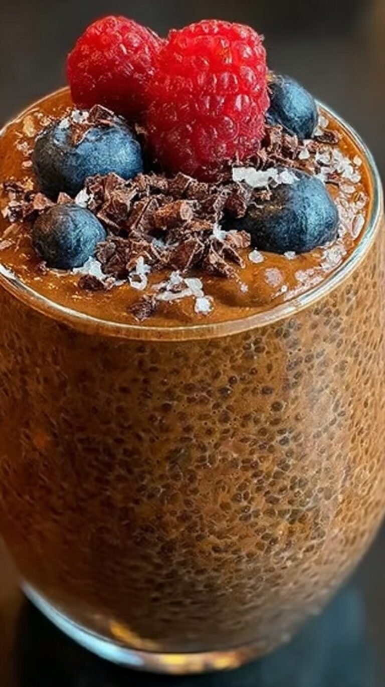 A glass jar filled with creamy chocolate chia seed pudding topped with fresh raspberries and a sprig of mint.