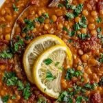 A steaming bowl of Lebanese Lemon Lentil Soup with Swiss chard and potatoes