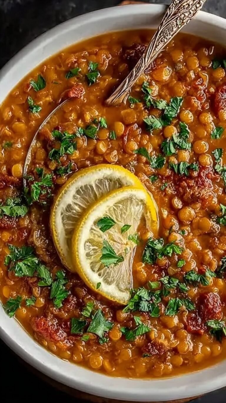 A steaming bowl of Lebanese Lemon Lentil Soup with Swiss chard and potatoes