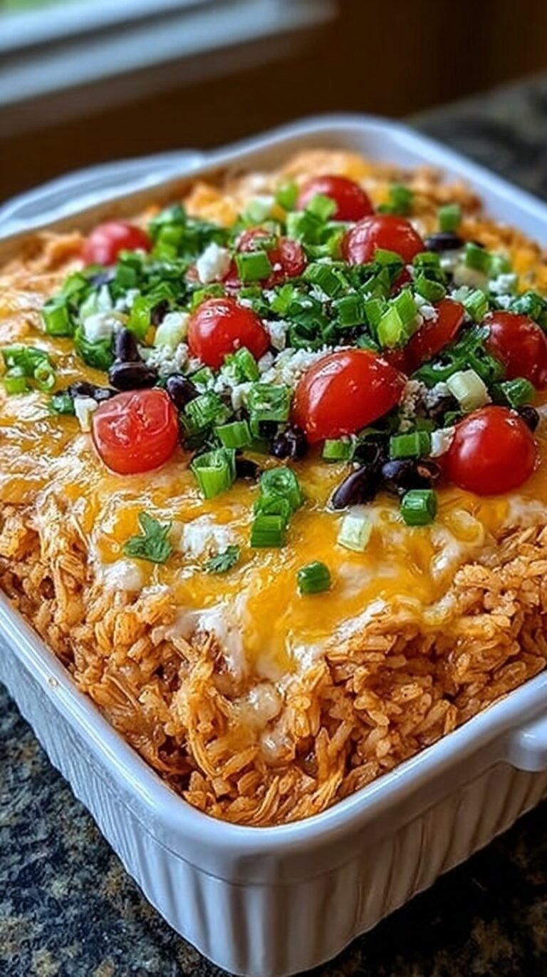 A cheesy chicken enchilada rice casserole in a baking dish with melted cheese and corn.