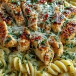 A white bowl filled with creamy Garlic Parmesan Chicken Pasta topped with fresh black pepper and herbs.