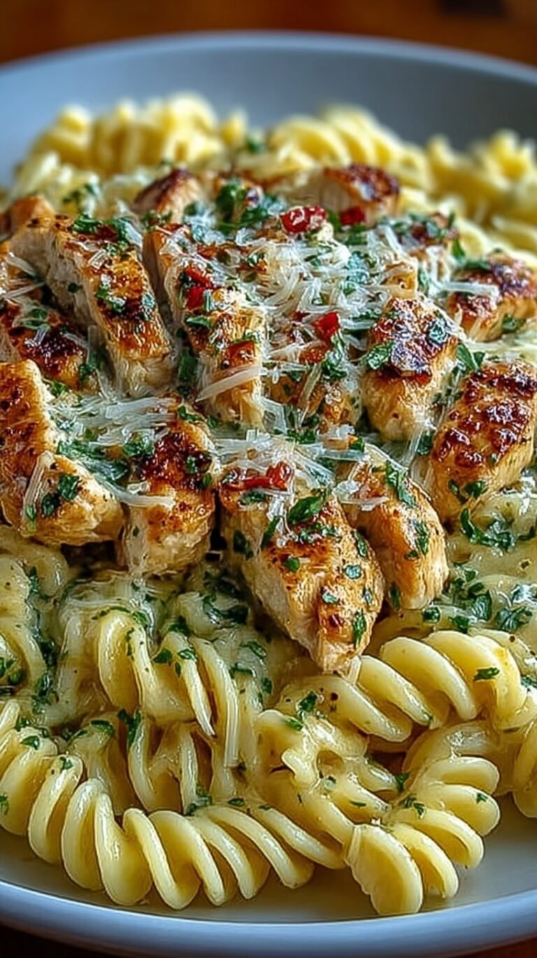 A white bowl filled with creamy Garlic Parmesan Chicken Pasta topped with fresh black pepper and herbs.