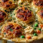 A golden brown chicken pot pie casserole with fluffy biscuit topping and creamy vegetable filling in a baking dish.