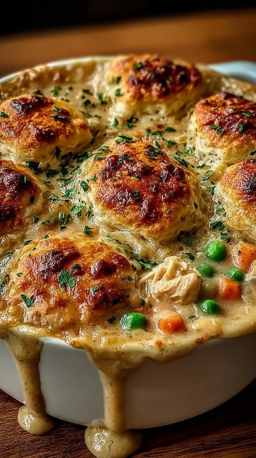 A golden brown chicken pot pie casserole with fluffy biscuit topping and creamy vegetable filling in a baking dish.