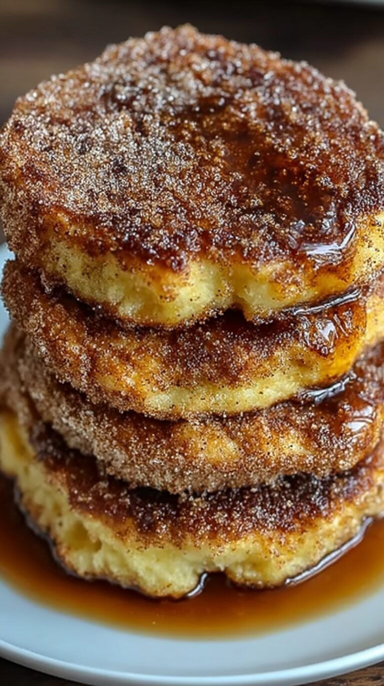 A stack of cinnamon-sugar coated pancakes drizzled with dark chocolate ganache on a white plate.