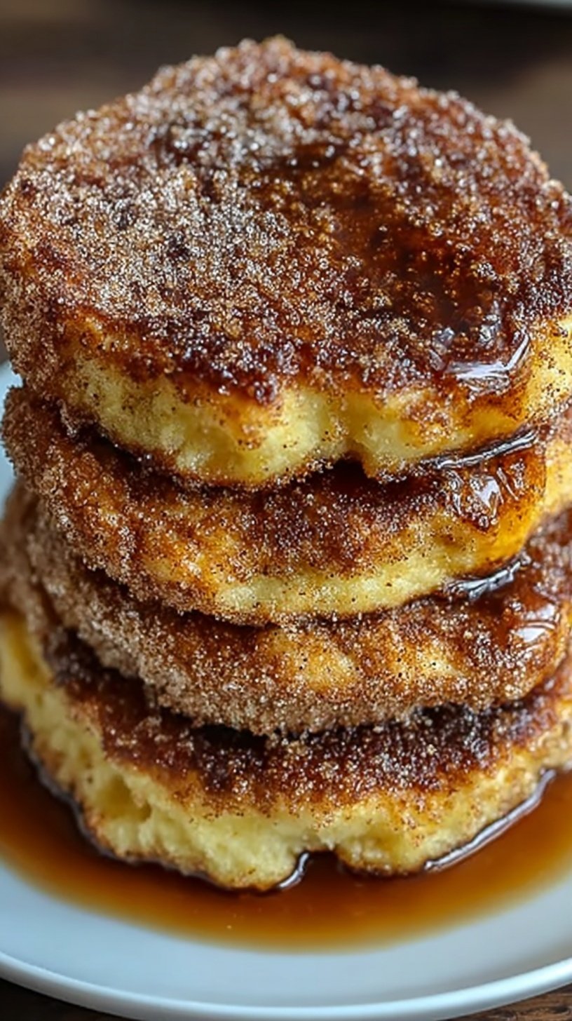 A stack of cinnamon-sugar coated pancakes drizzled with dark chocolate ganache on a white plate.