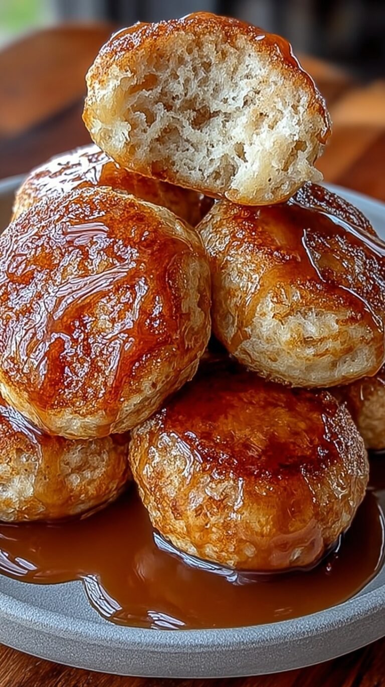 Golden brown banana pancake bites stacked on a white plate with maple syrup