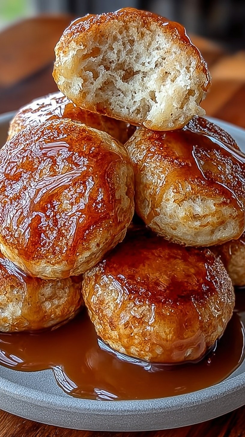 Golden brown banana pancake bites stacked on a white plate with maple syrup
