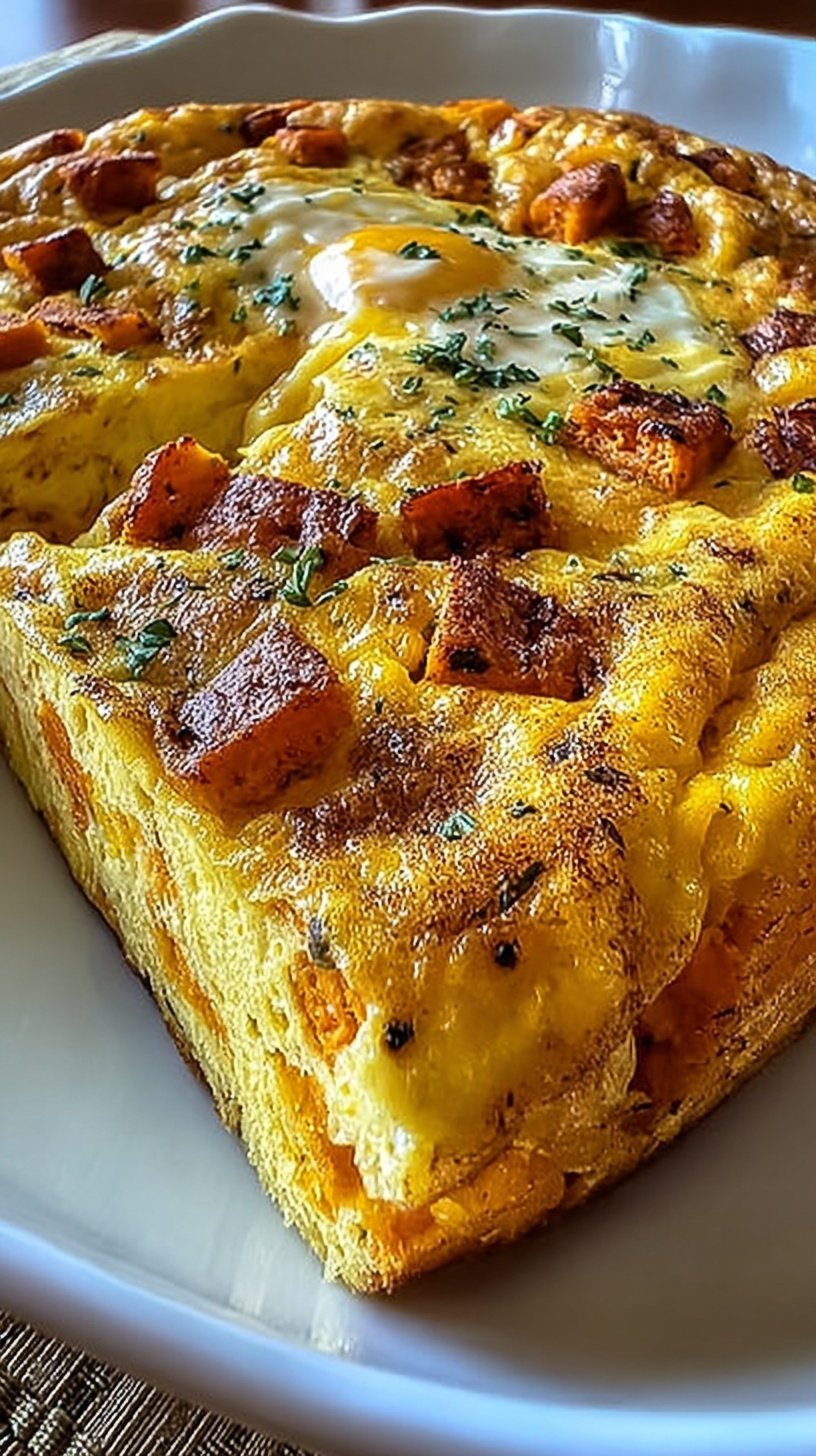A golden brown protein-packed sweet potato egg casserole with spinach and turkey in a glass baking dish