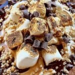 A creamy chocolate yogurt bowl topped with crushed graham crackers, mini marshmallows, and chocolate chips.