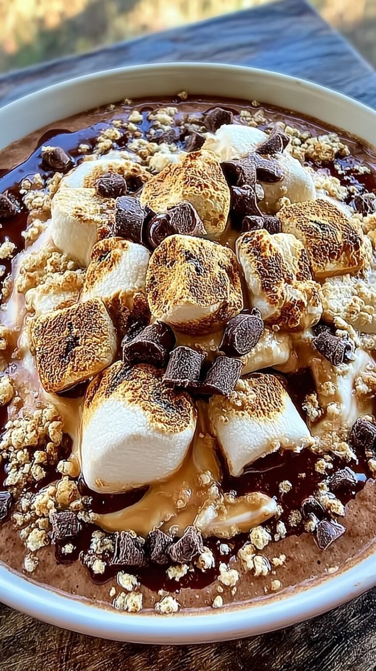 A creamy chocolate yogurt bowl topped with crushed graham crackers, mini marshmallows, and chocolate chips.