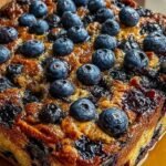 A warm blueberry breakfast bake in a square dish topped with toasted walnuts and fresh berries