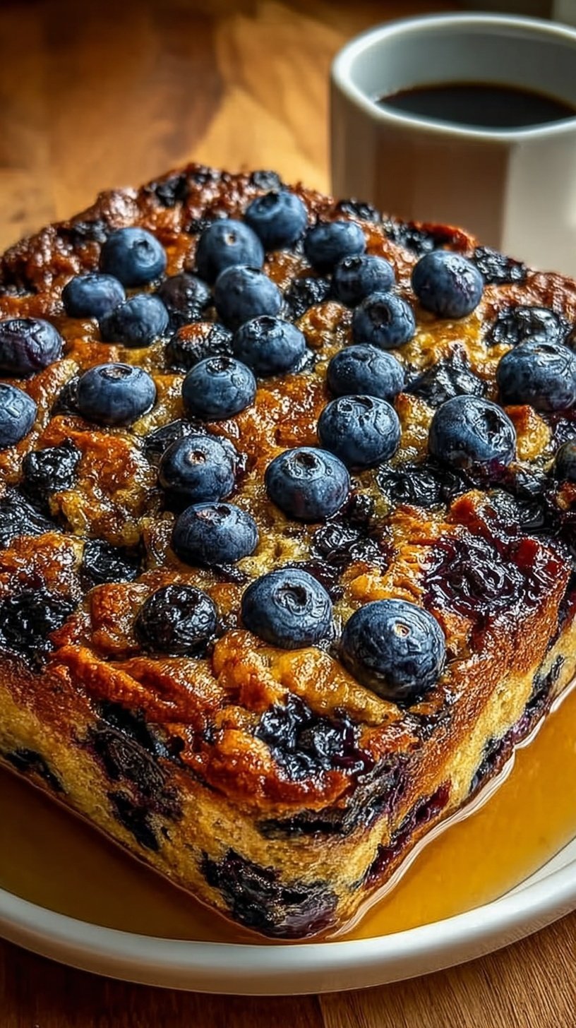 A warm blueberry breakfast bake in a square dish topped with toasted walnuts and fresh berries