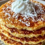 Stack of fluffy coconut cream pancakes topped with whipped cream and shredded coconut