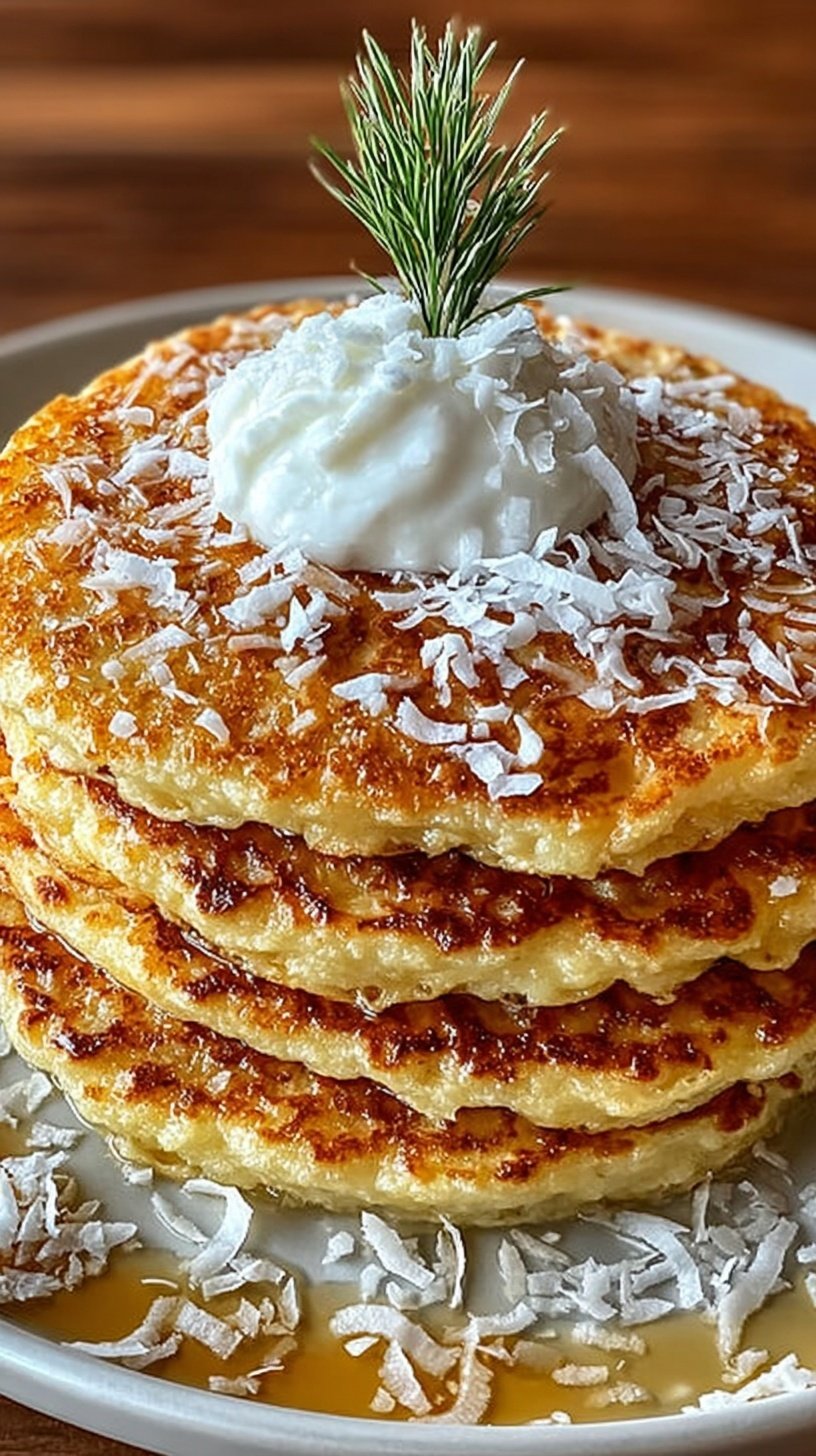 Stack of fluffy coconut cream pancakes topped with whipped cream and shredded coconut
