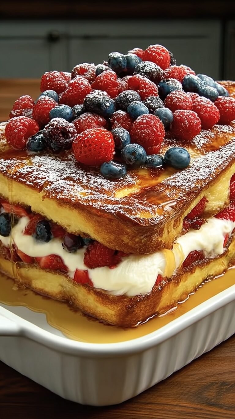 Golden brown pancake casserole with fresh blueberries and cinnamon custard