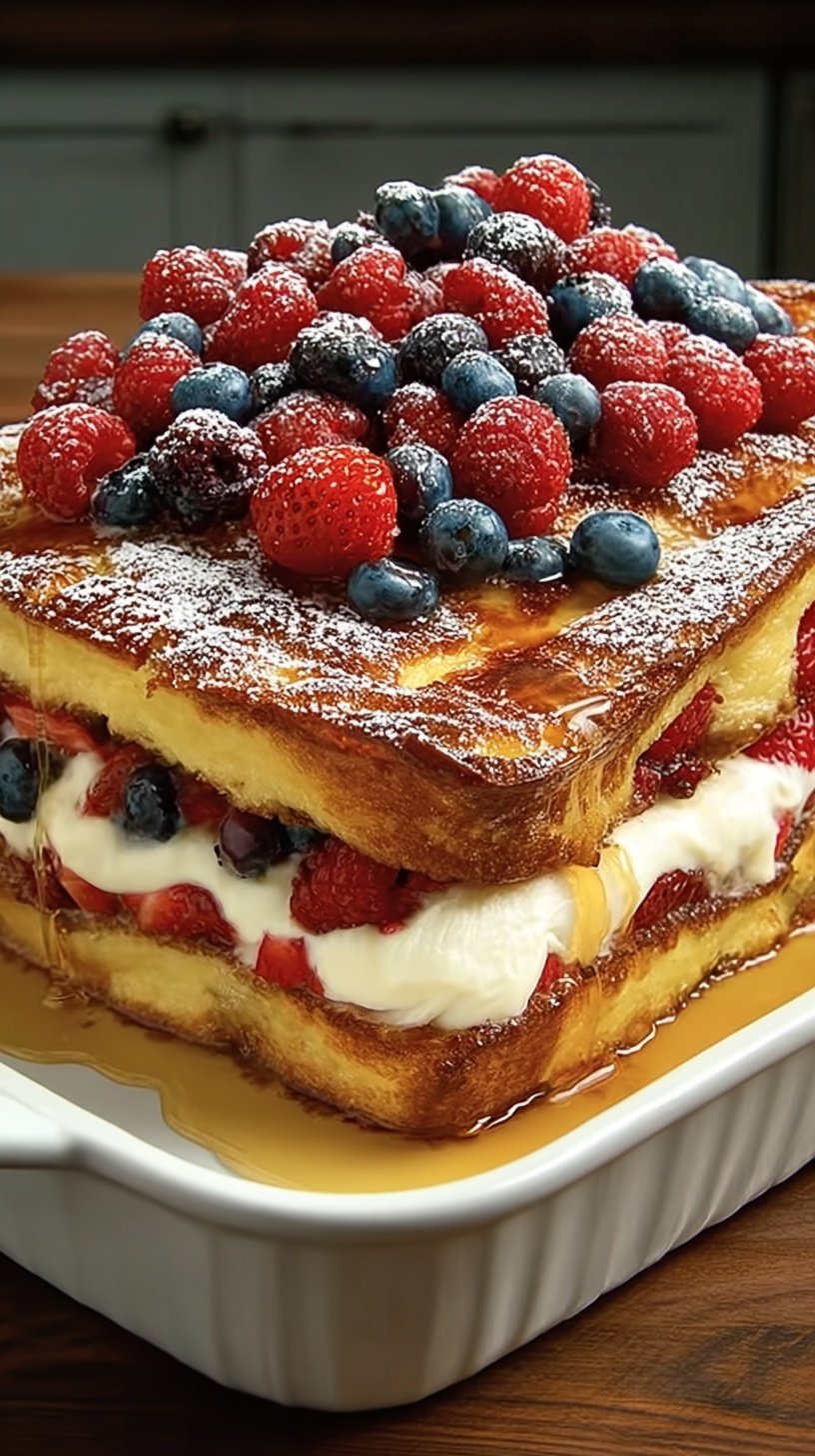 Golden brown pancake casserole with fresh blueberries and cinnamon custard