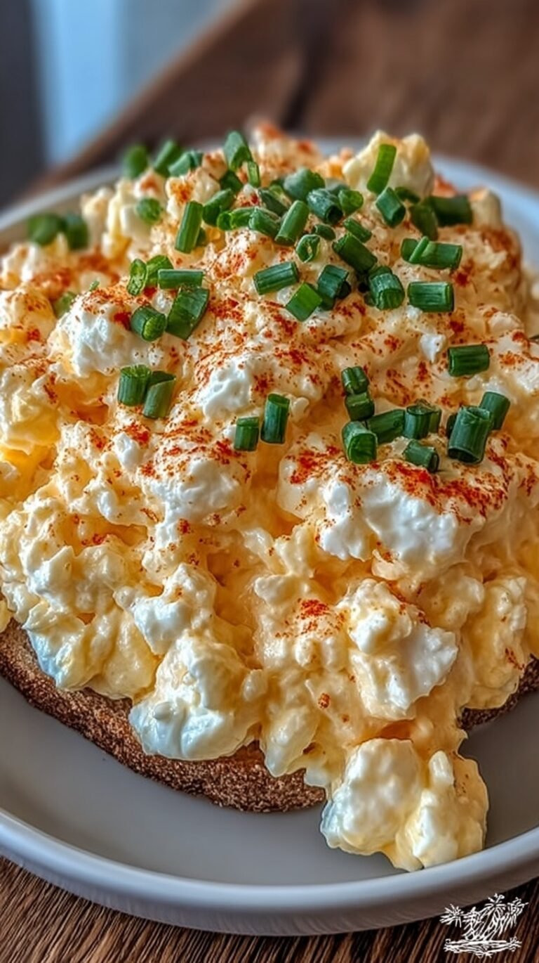 A bowl of creamy cottage cheese egg salad topped with fresh chives and smoked paprika