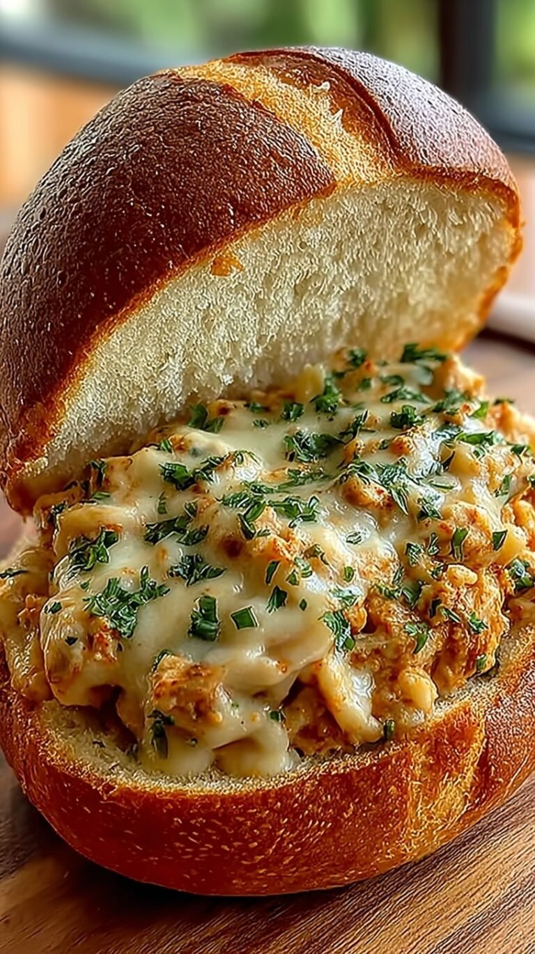 Creamy chicken alfredo mixture piled high on toasted hamburger buns with melted cheese