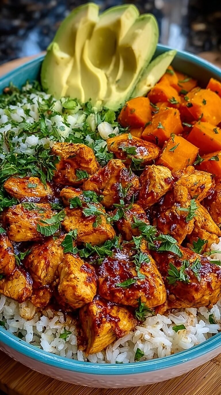 A colorful meal prep bowl with roasted chicken, sweet potatoes, brown rice, and fresh avocado slices.