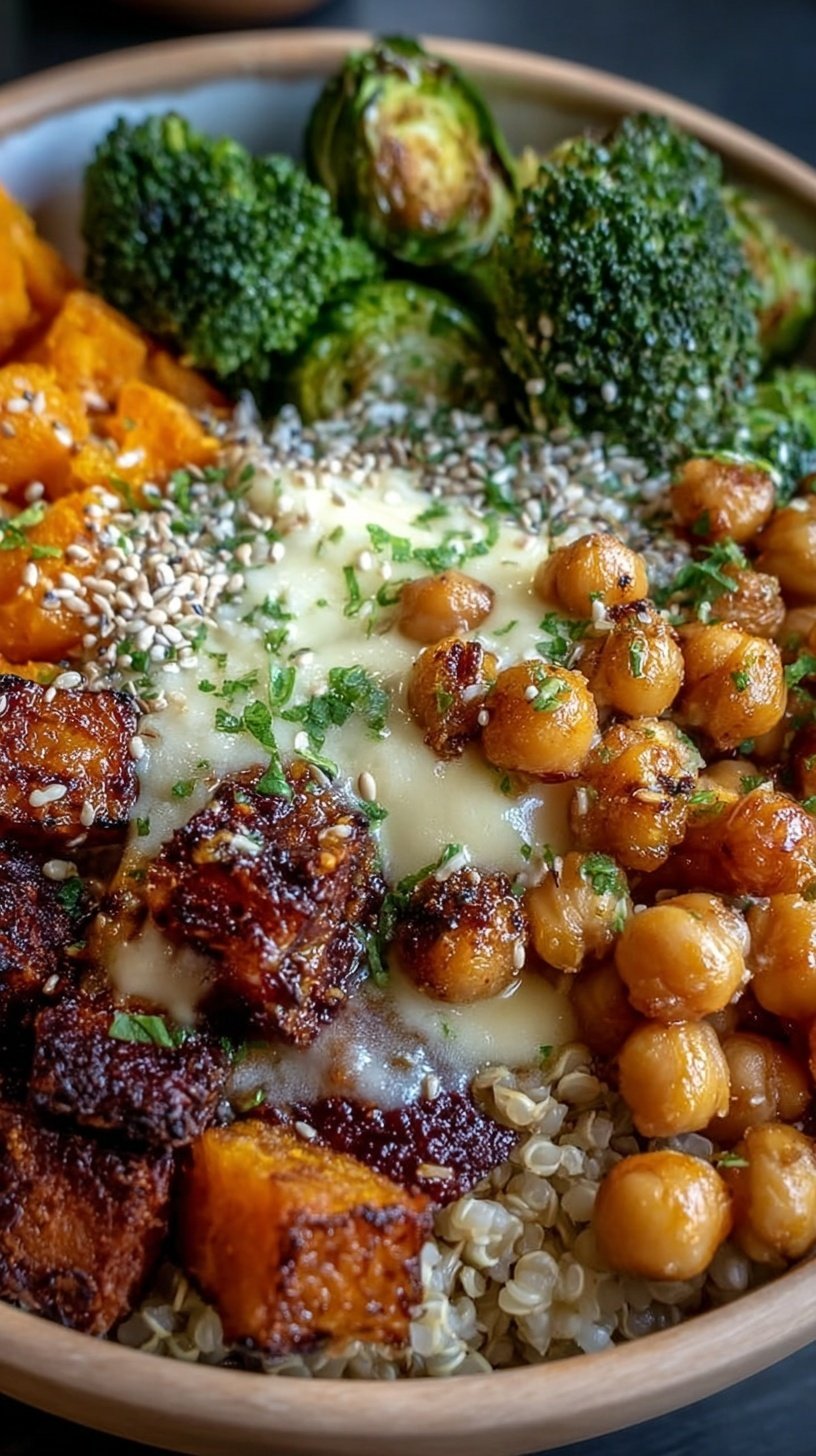A vibrant bowl with roasted sweet potatoes, crispy chickpeas, quinoa, and creamy tahini dressing.