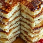 A stack of golden brown high-protein fluffy pancakes topped with fresh blueberries and a drizzle of maple syrup.