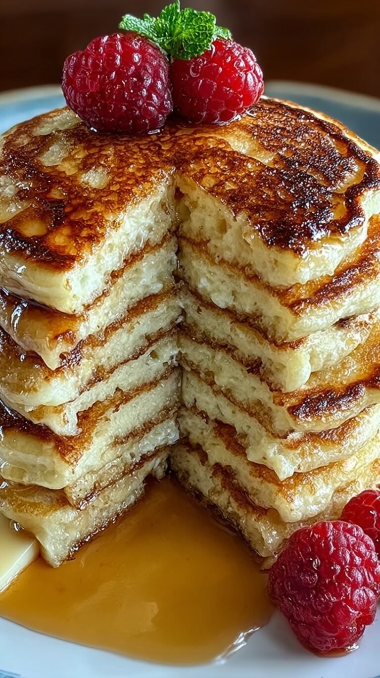 A stack of golden brown high-protein fluffy pancakes topped with fresh blueberries and a drizzle of maple syrup.