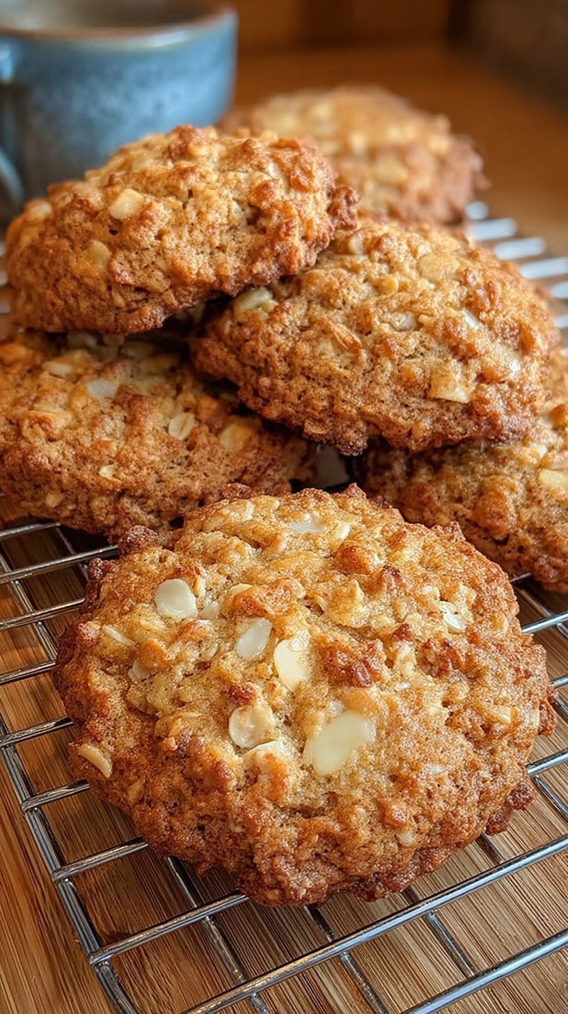 Golden brown breakfast cookies on a parchment-lined baking sheet with a drizzle of maple syrup