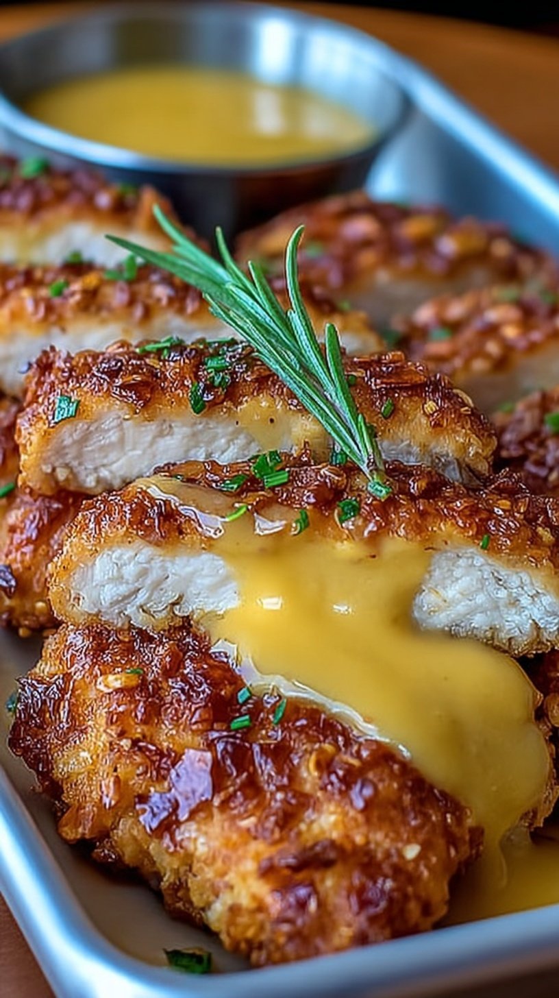 Golden brown pretzel crusted chicken cutlets topped with a creamy yellow cheddar mustard sauce on a white plate.
