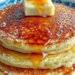 A stack of golden orange pancakes topped with fresh orange zest and syrup on a white plate.