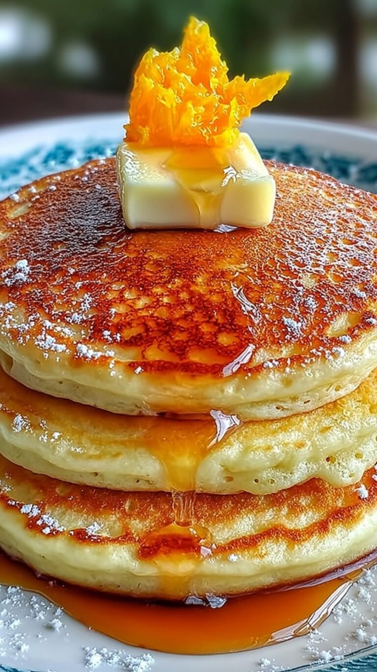A stack of golden orange pancakes topped with fresh orange zest and syrup on a white plate.