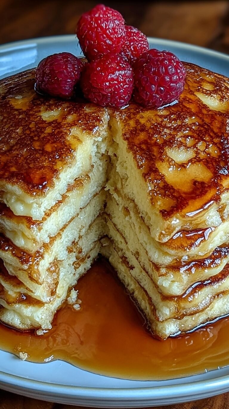 A stack of golden brown Greek yogurt protein pancakes topped with fresh berries and syrup