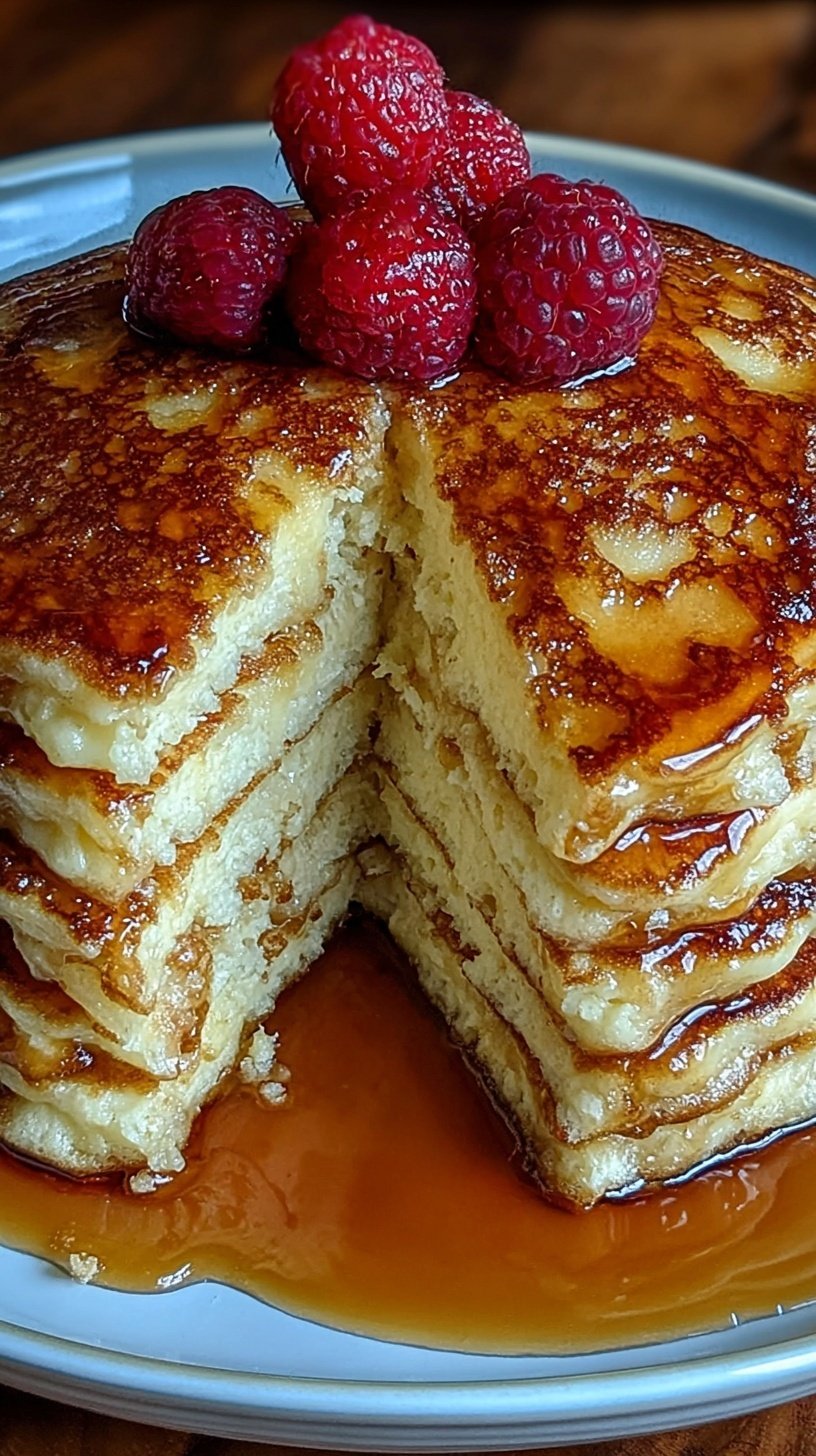 A stack of golden brown Greek yogurt protein pancakes topped with fresh berries and syrup