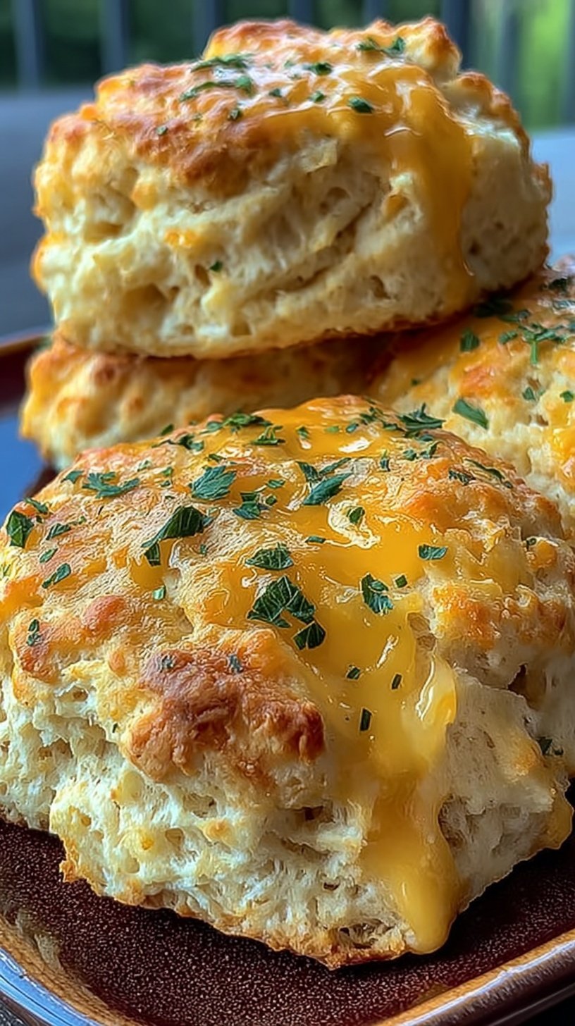 A stack of golden brown cheesy protein biscuits on a white plate with a side of butter.