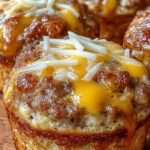 Golden brown mini pancake muffins with savory sausage crumbles inside a muffin tin.