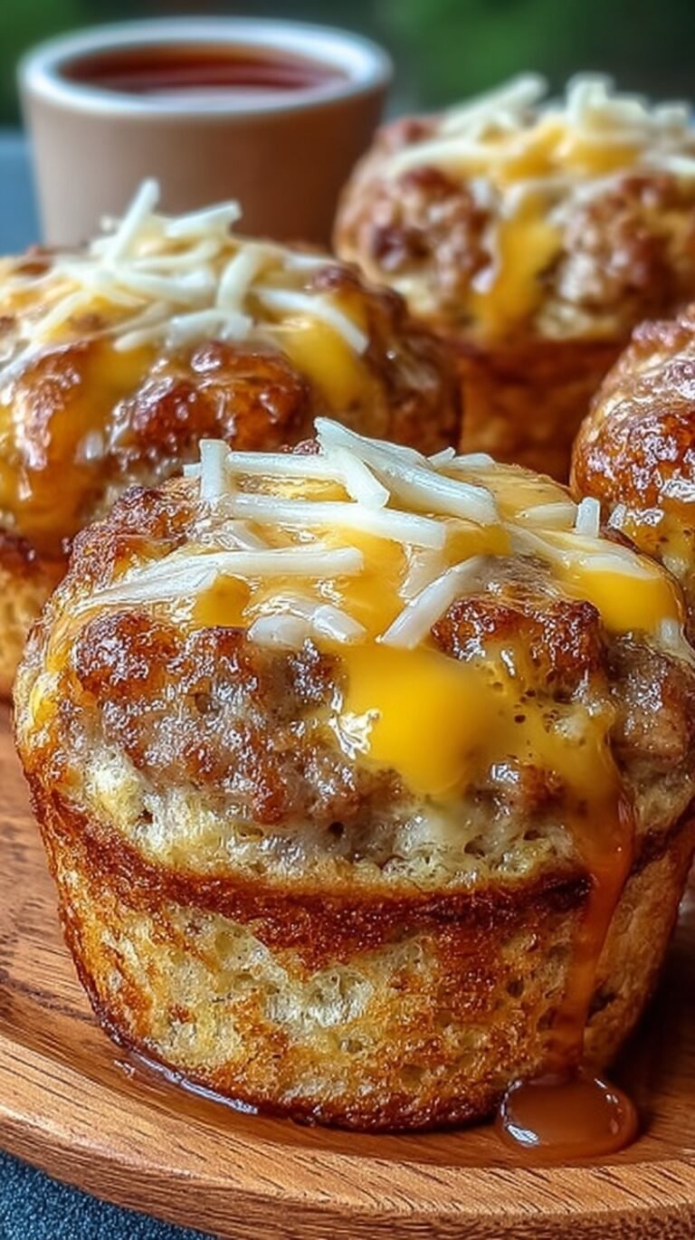 Golden brown mini pancake muffins with savory sausage crumbles inside a muffin tin.