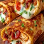 Golden brown and crispy chicken and mozzarella wraps sliced diagonally on a wooden board.