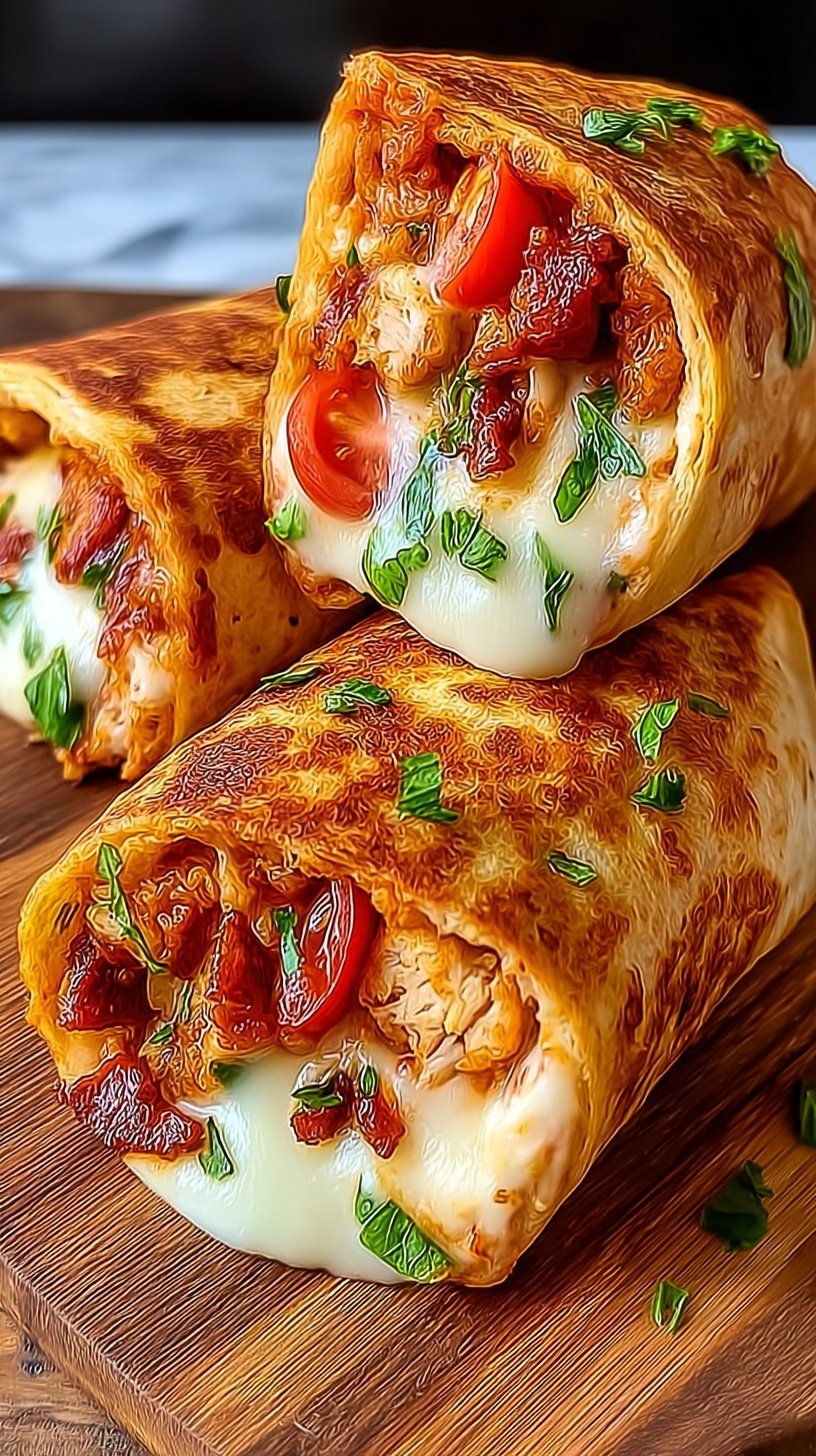 Golden brown and crispy chicken and mozzarella wraps sliced diagonally on a wooden board.