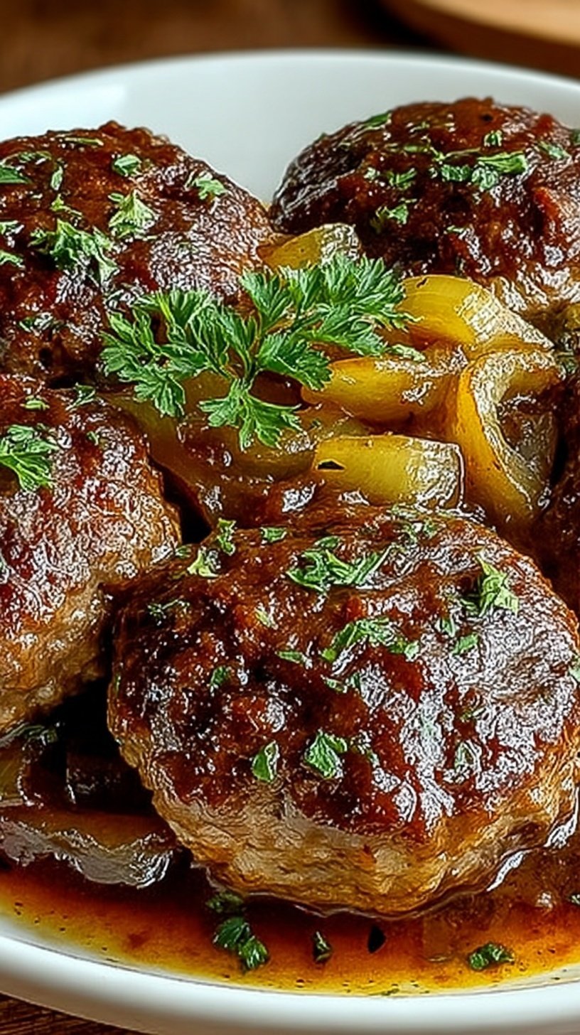 Golden seared beef patties smothered in creamy mushroom gravy in a baking dish