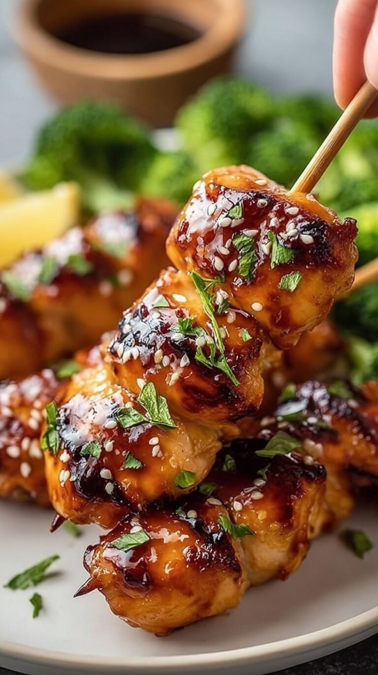 Glazed honey garlic chicken skewers garnished with sesame seeds and green onions in an air fryer basket