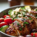 Four colorful Mediterranean chicken bowls filled with quinoa, grilled chicken, cucumbers, tomatoes, and feta cheese.