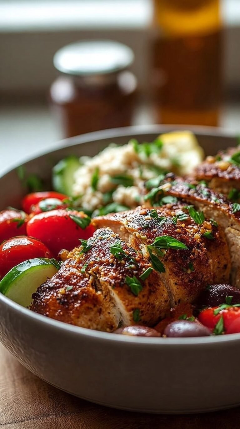 Four colorful Mediterranean chicken bowls filled with quinoa, grilled chicken, cucumbers, tomatoes, and feta cheese.